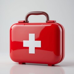 Fototapeta premium Glossy red first aid kit with white cross symbol isolated on plain background