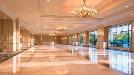 Elegant event space with polished floors and chandeliers, ideal for gatherings, showcasing natural light