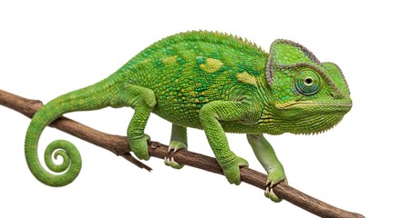 Green chameleon gracefully climbs slender branch against bright white background. AI Generated