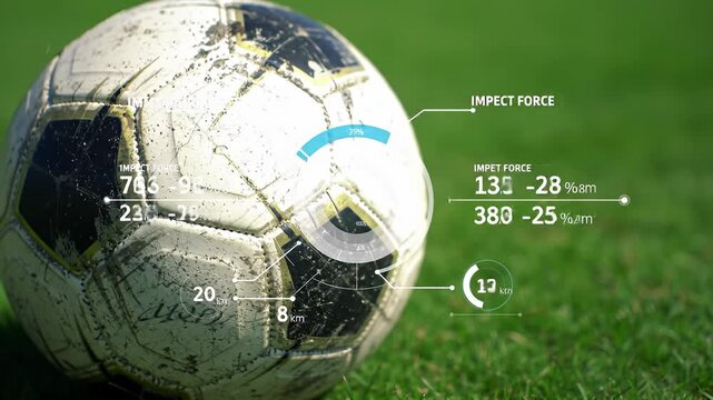 Dirty soccer ball rests on green grass, with overlaid text and graphics showing data - Powered by Adobe