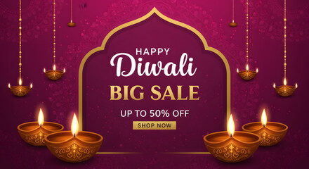 Diwali Big Sale Banner with Diyas Festive promotional banner with glowing diyas and Diwali sale text
