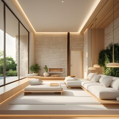 Fototapeta premium AI Generative. Bright Industrial-Style Living Room with Stone Walls. 3