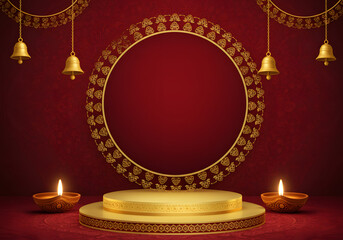 Decorative Diwali stage setup with empty golden frame and glowing diya