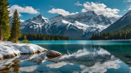 Turquoise Lake with Snow-Capped Mountains and Reflections