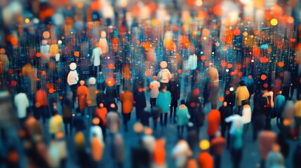 Abstract View of a Blurred Crowd with Glowing Particles, Symbolizing Big Data, Urban Life, and the Interconnectedness of Social Networks.