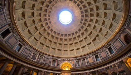 Obraz premium Intricate architectural design of a grand dome, showcasing a detailed ceiling pattern and a bright light source piercing through.