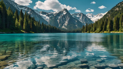 Turquoise Lake with Snow-Capped Mountains and Reflections