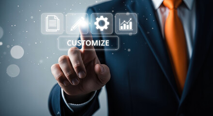 Welldressed businessman taps the Customize interface with icons on the screen digitally