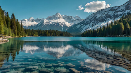 Turquoise Lake with Snow-Capped Mountains and Reflections