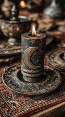 Dark, decorative candle with moon motif on a patterned plate