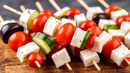 Greek salad skewers with olive, tomato, cucumber, and feta cubes