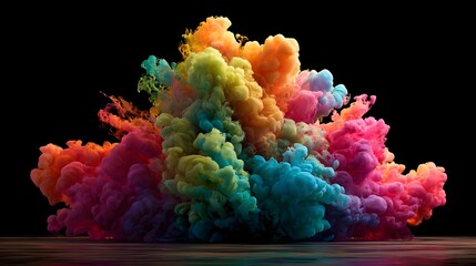 Obraz premium Colorful smoke explosion creating a vibrant cloud against a black background, showcasing dynamic motion