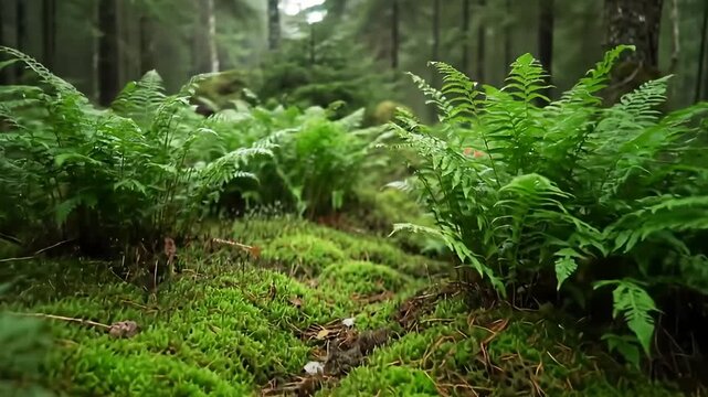 Forest floor covered in ferns and moss, with blurred trees in the background
