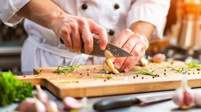 Chef chopping garlic on wooden board. Professional hands preparing food with herbs and spices in a modern kitchen.