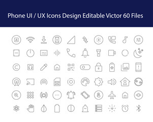 UI/UX Icon Designs: A comprehensive collection of UI/UX icons for mobile phone interfaces, including symbols for connectivity, settings, and notifications. Modern and sleek.