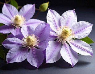 Close-up of two vibrant purple clematis flowers