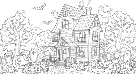 Obraz premium Spooky Halloween Scene: Haunted House, Pumpkins, Ghosts, Bats, and Full Moon