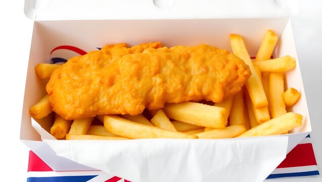 Golden crispy battered fish with thick-cut chips arranged in a classic takeaway box, Union Jack napkin underneath, white background, high-resolution food stock image
