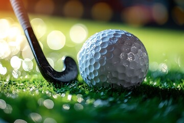 Hockey stick and wet ball on green grass with bokeh lights sport game