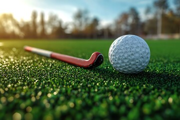 Red hockey stick and white ball on green grass field at sunset field hockey sport