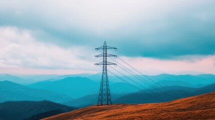Electricity pylons and power lines stretching across a vast mountainous rural landscape at sunset or sunrise creating a dramatic and serene scene of energy infrastructure in a natural setting