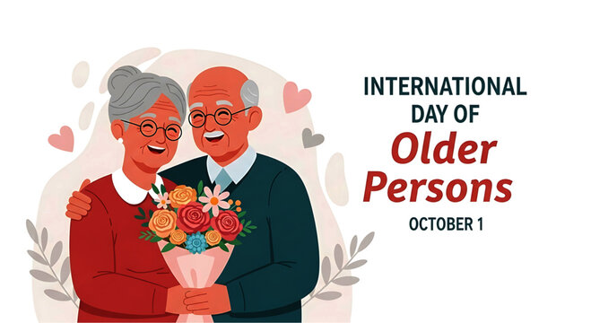 Happy Elderly Couple Embracing with Flowers for International Day of Older Persons