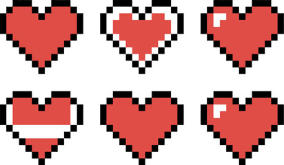 Fototapeta premium Pixel art hearts collection red game style vector graphics