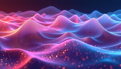 Fototapeta premium Vibrant neon-colored liquid waves with glowing particles drifting through cinematic lighting. A futuristic abstract art piece with smooth gradients and luminous effects.