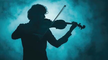 Dramatic silhouette of a skilled electric violinist performing with passion and intensity in a moody dimly lit setting creating an atmospheric and musical experience