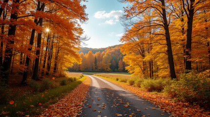 Obraz premium Beautiful scenic autumn forest landscape with a winding road covered in colorful fallen leaves.