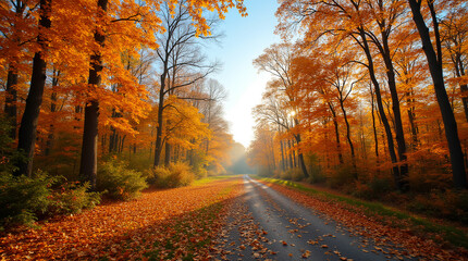 Fototapeta premium Beautiful scenic autumn forest landscape with a winding road covered in colorful fallen leaves.
