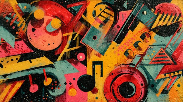 Abstract composition bursting with bold colors, geometric shapes, and musical motifs - Powered by Adobe