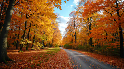 Fototapeta premium Beautiful scenic autumn forest landscape with a winding road covered in colorful fallen leaves.