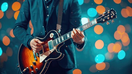Obraz premium Energetic electric guitar performance by a skilled musician on a colorfully lit stage showcasing the passion and of live music