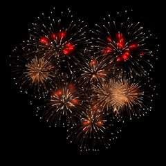 Naklejka premium Gold Spark Firework Texture Radiant Pattern, Isolated on Black, Vibrant Fireworks Texture Burst on Black Night Sky, Dynamic Starburst Firework Texture for Party, Festival, and Celebration Backdrops