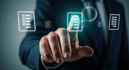 Businessman in suit pressing glowing digital checklist with magnifying glass for audit report