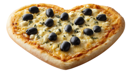 Heart shaped pizza isolated on transparent background with black olive and cheese topping