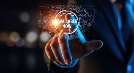 Human finger presses available now button with gears and futuristic interface elements