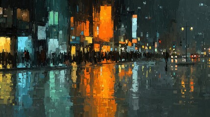 Night city street, rain, crowds, reflections