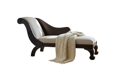 Elegant Antique Chaise Lounge with Beige Blanket Isolated on Transparent Background
