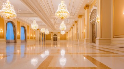 Elegant ballroom with ornate chandeliers and polished marble floor, showcasing luxurious architecture