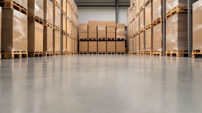 Empty interior of a modern warehouse or distribution center with various goods products and merchandise neatly stacked and organized on shelves and crates against a neutral minimalist backdrop