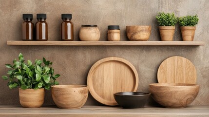 Eco friendly home goods and natural decor elements artfully arranged on wooden shelves creating a serene and minimalist lifestyle inspired setting  The calm