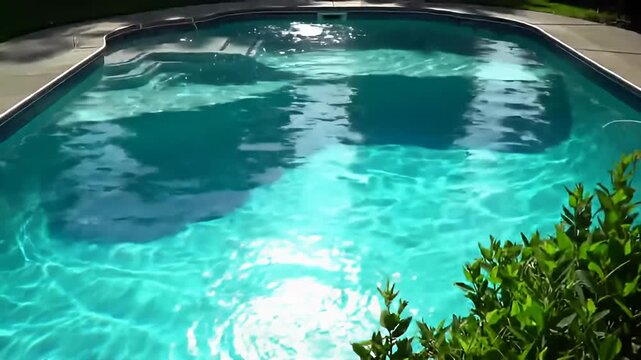 Turquoise water glistens in a kidney-shaped pool, framed by green foliage