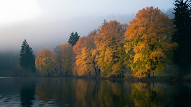 Misty autumn landscape with vibrant golden orange trees and silhouetted figure in early morning light - Powered by Adobe