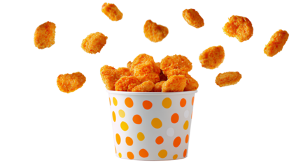 a white paper bucket with orange and yellow polka dots, filled with chicken nuggets floating in the air, on an isolated Transparent background PNG