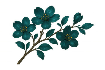 Teal cherry blossom branch displaying delicate blooming flowers, soft pink buds against transparent backdrop highlighting spring elegance