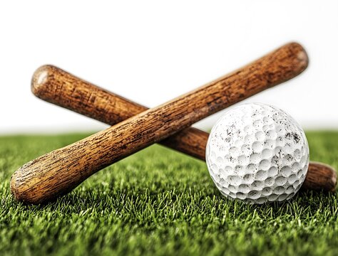 Two wooden baseball bats crossed over a white golf ball on green grass image