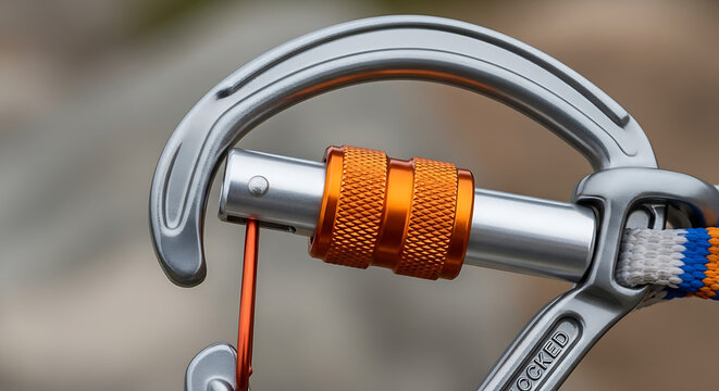 Close up of carabiner with rope and camming device for rock climbing safety gear equipment in outdoor adventure