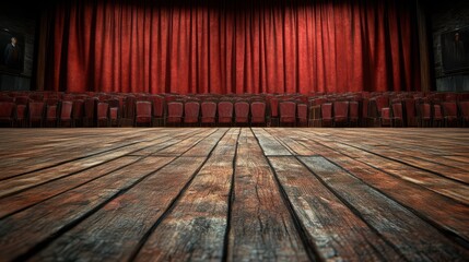 Empty Theater Stage with Red Curtains